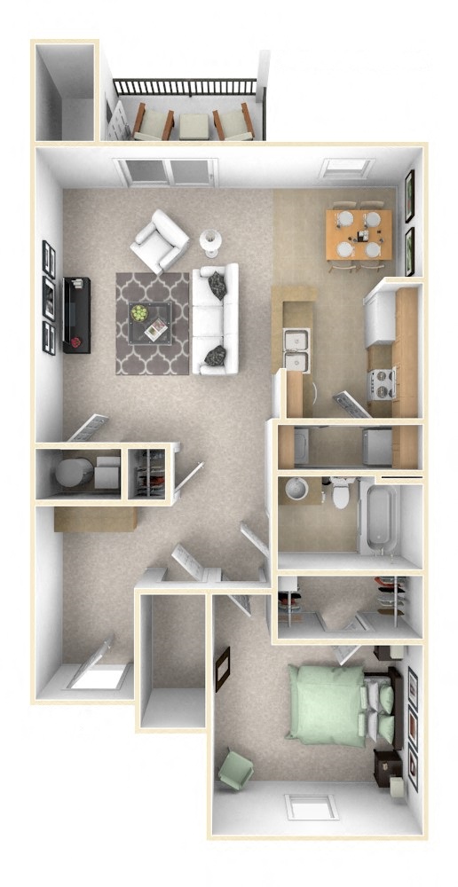Floor plan for 1 bed, 1 bath, 933 sqft